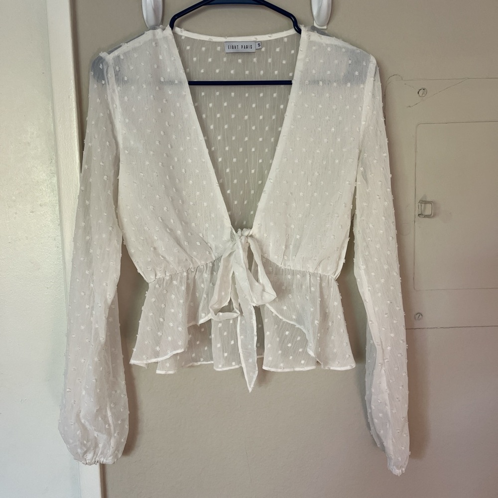 Lulu's Cream Swiss Dot Tie-Front Peplum Blouse
